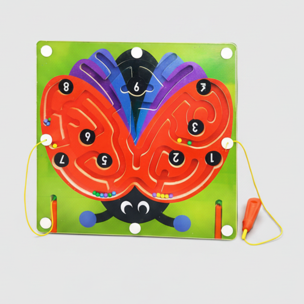 Butterfly magnetic labyrinth game with colorful background of toys
