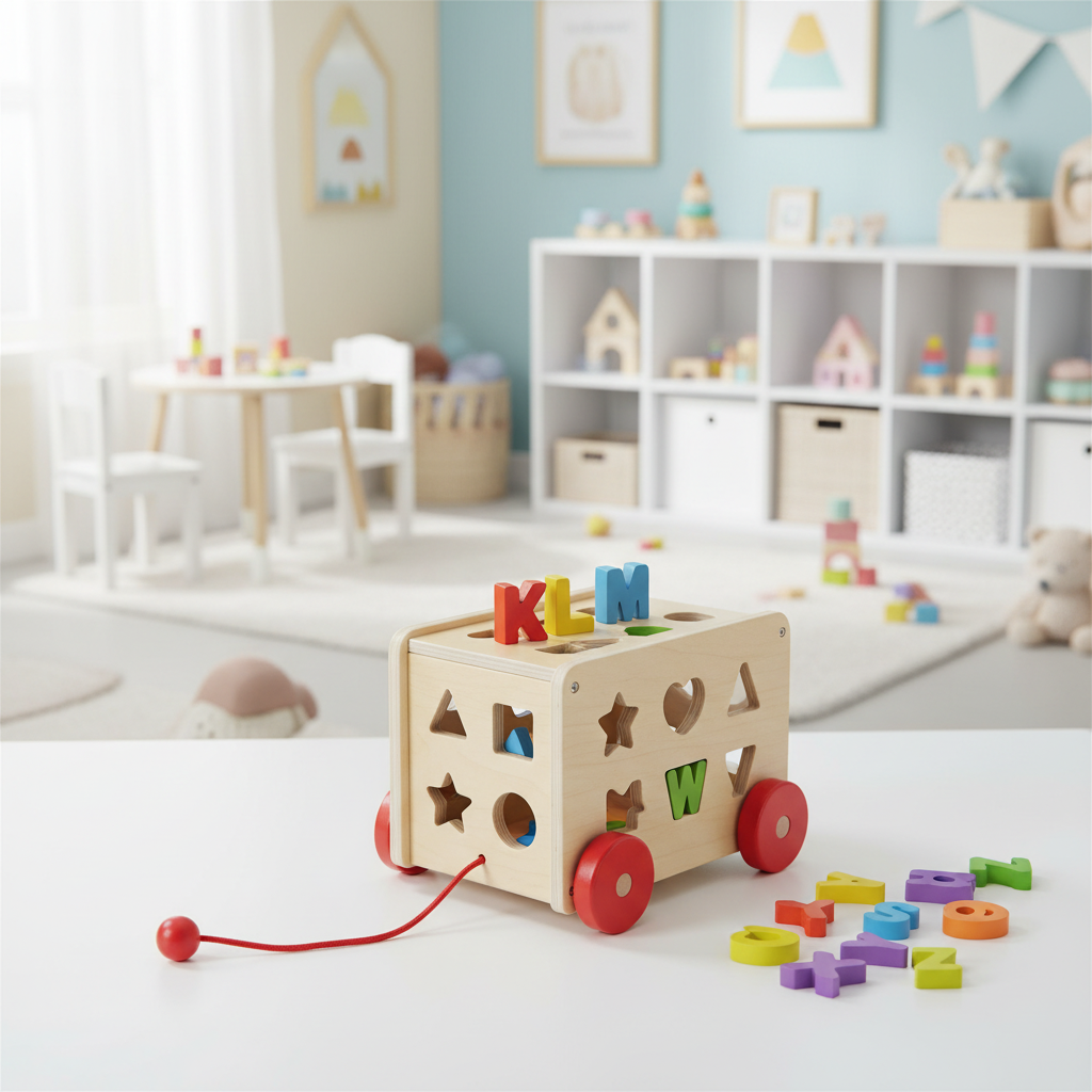 Wooden alphabet toy with colorful letters on a wooden surface, surrounded by more toys.