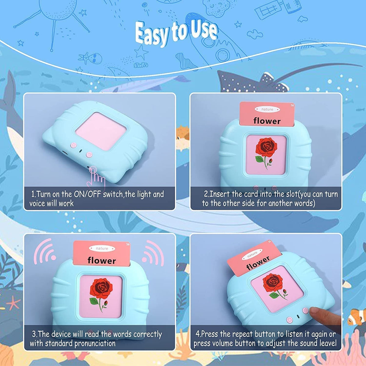 Talking Flash Cards showing food names activity card for kids