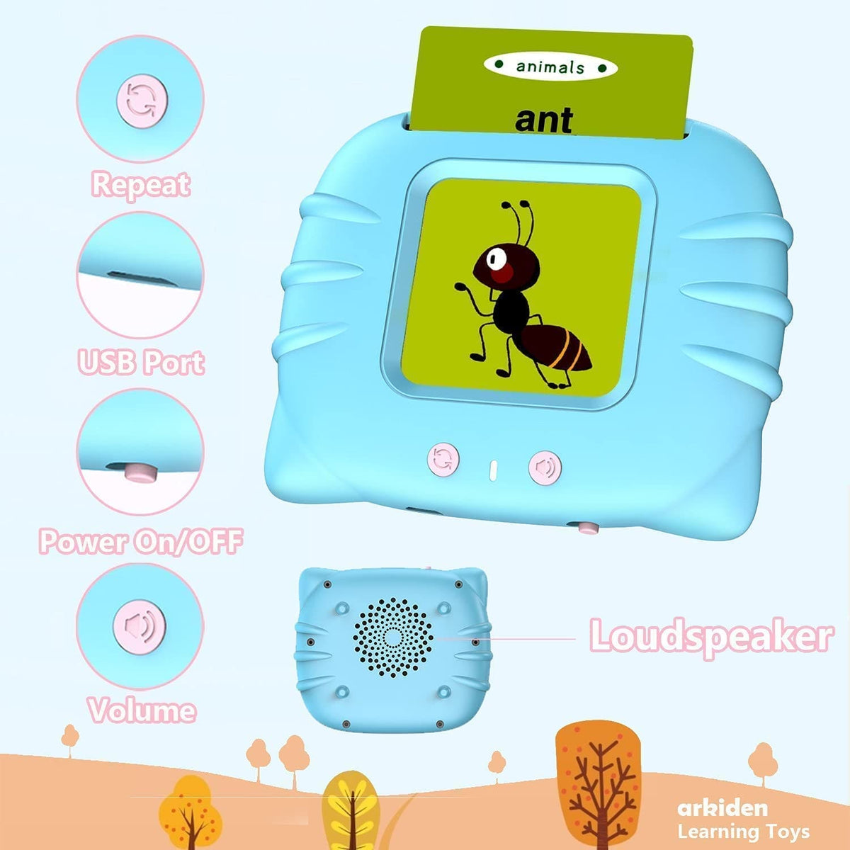 Individual talking flash card with one-touch play button for kids