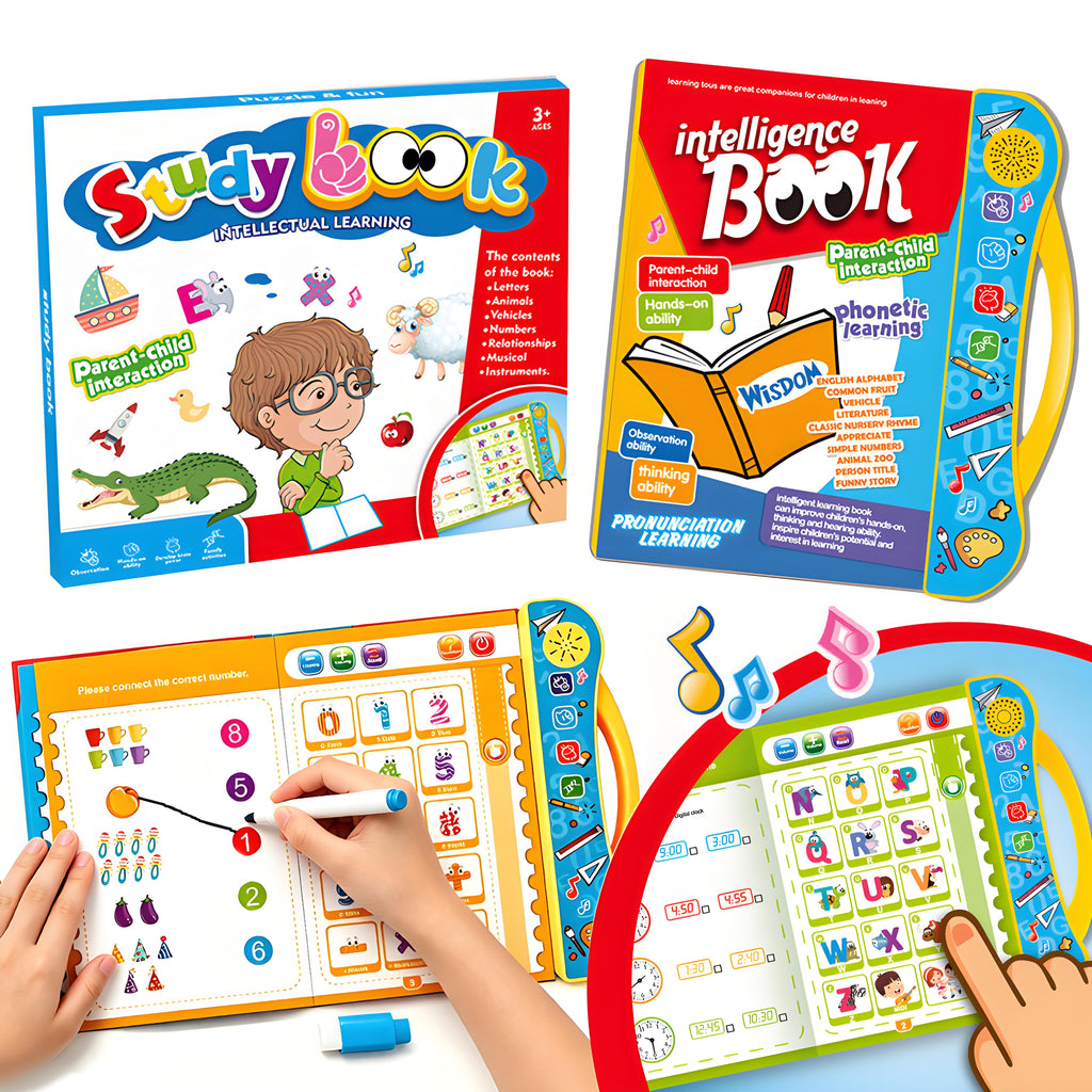 Intellectual Learning Book open pages showing early reading and phonics activities