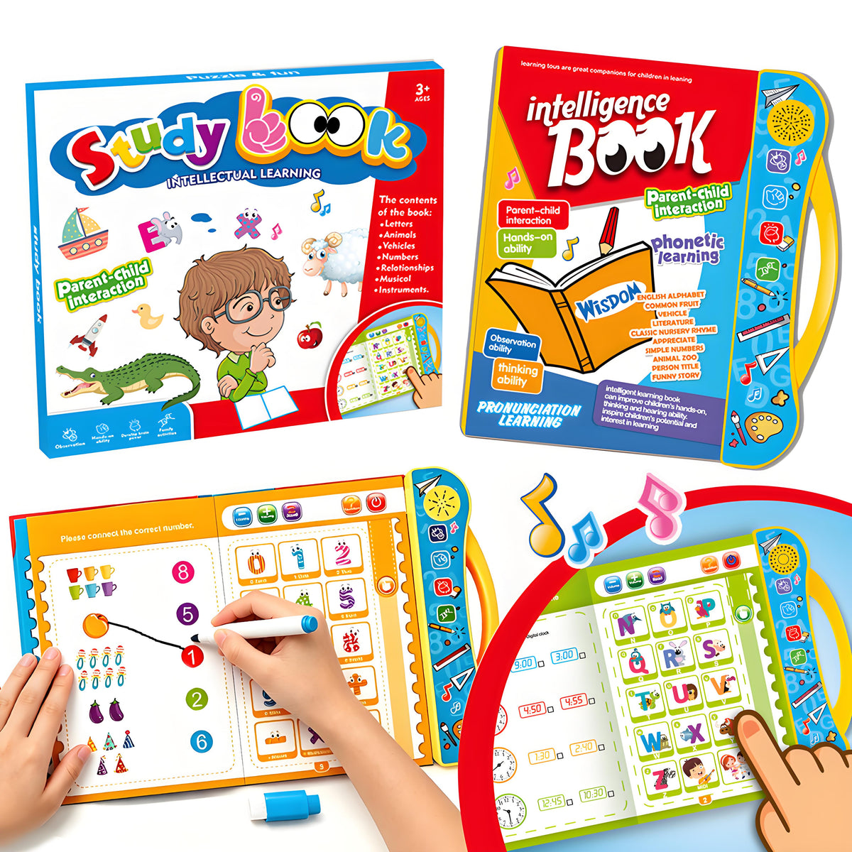 Intellectual Learning Book open pages showing early reading and phonics activities