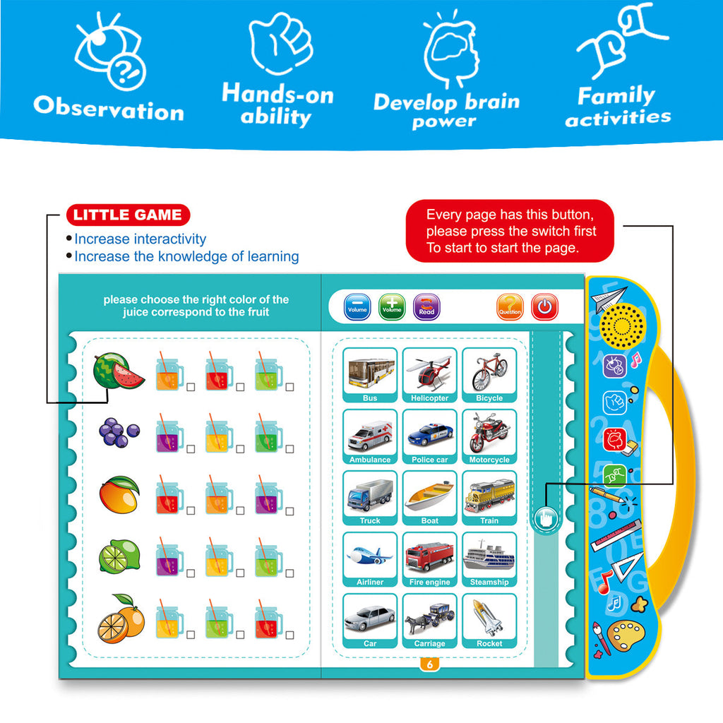 Kids phonics learning book activity page with colourful illustrations