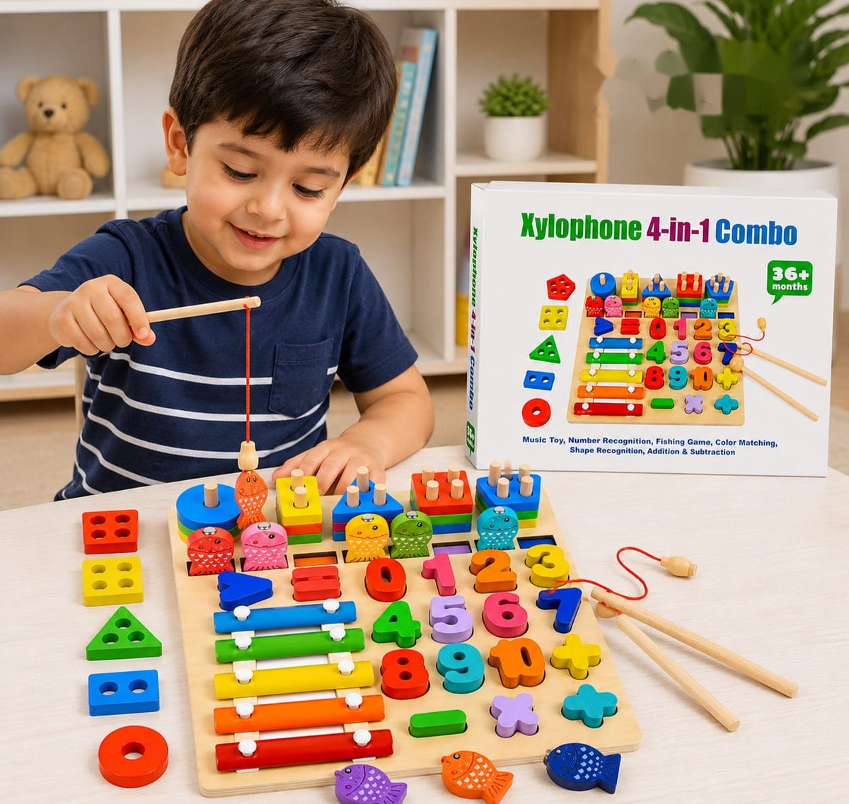 Child playing with 4-in-1 wooden xylophone toy