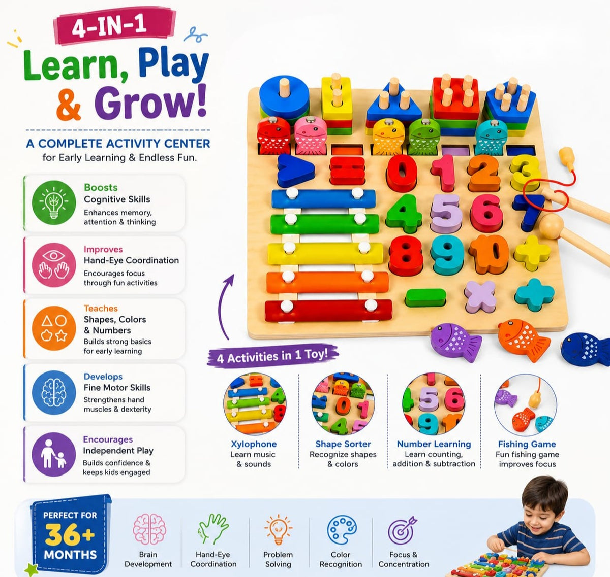 4-in-1 wooden xylophone toy features